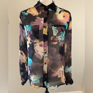 Decree semi sheer colorful floral button up top blouse SZ SM